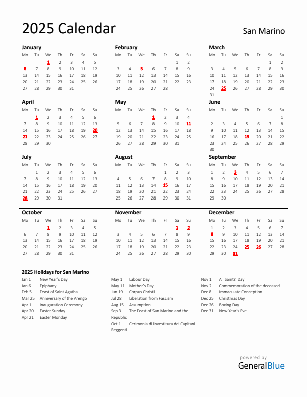 Standard Holiday Calendar for 2025 with San Marino Holidays 