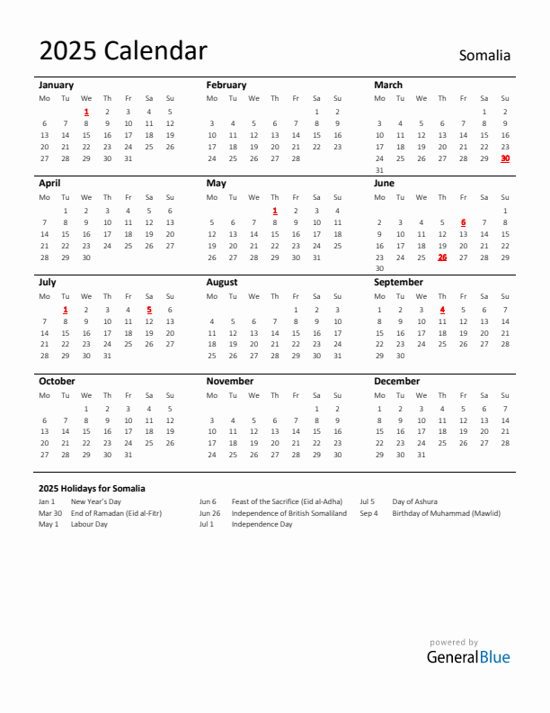 Standard Holiday Calendar for 2025 with Somalia Holidays 