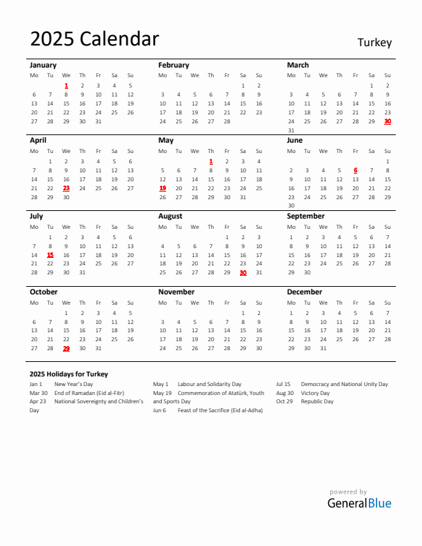 Standard Holiday Calendar for 2025 with Turkey Holidays 