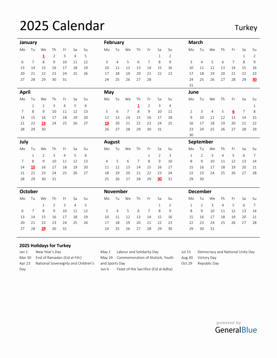 Standard Holiday Calendar for 2025 with Turkey Holidays