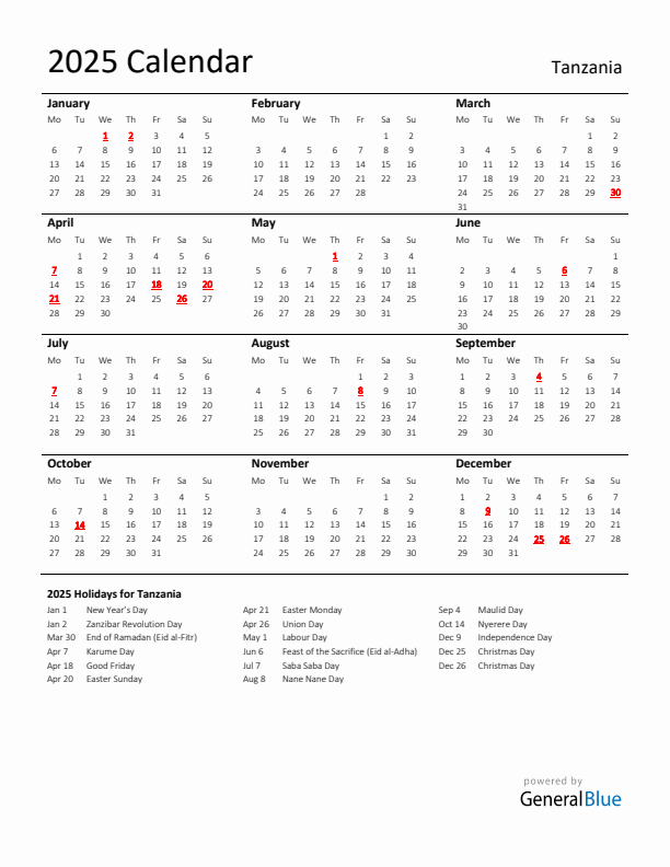 Standard Holiday Calendar for 2025 with Tanzania Holidays 