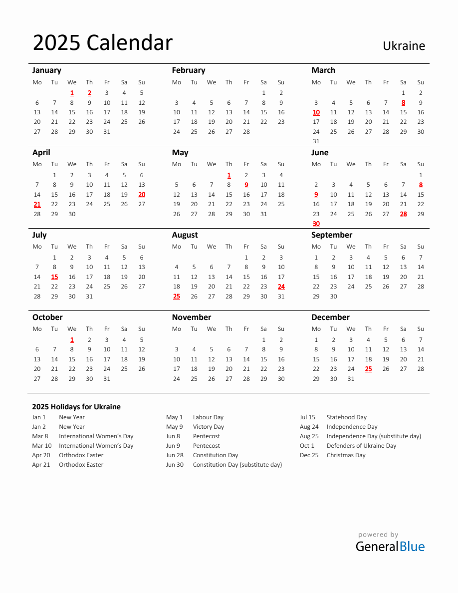 Standard Holiday Calendar for 2025 with Ukraine Holidays