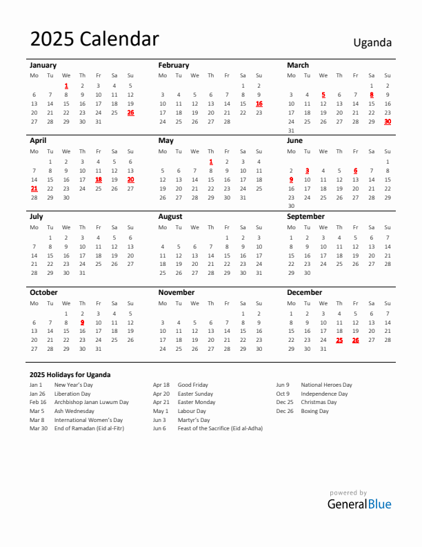 Standard Holiday Calendar for 2025 with Uganda Holidays 