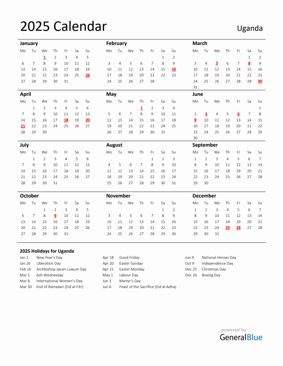 Standard Holiday Calendar for 2025 with Uganda Holidays