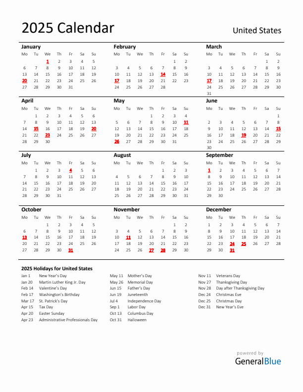 Standard Holiday Calendar for 2025 with United States Holidays 