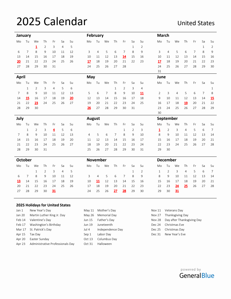 Standard Holiday Calendar for 2025 with United States Holidays