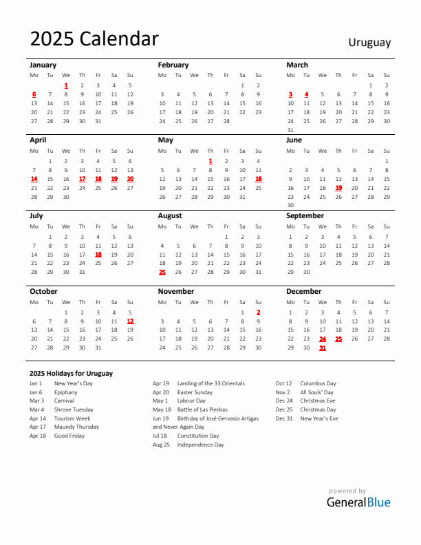 Standard Holiday Calendar for 2025 with Uruguay Holidays 