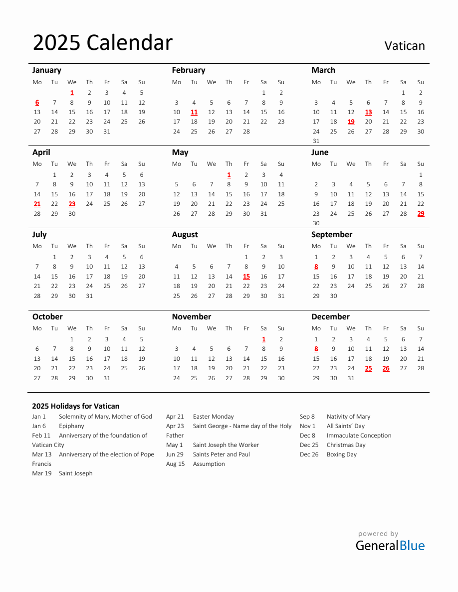 Standard Holiday Calendar for 2025 with Vatican Holidays