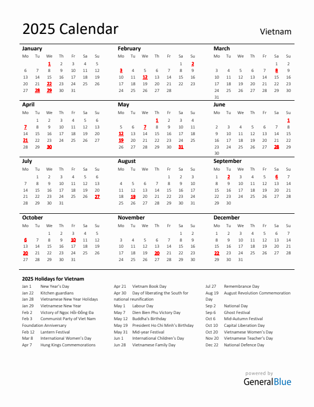 Standard Holiday Calendar for 2025 with Vietnam Holidays 