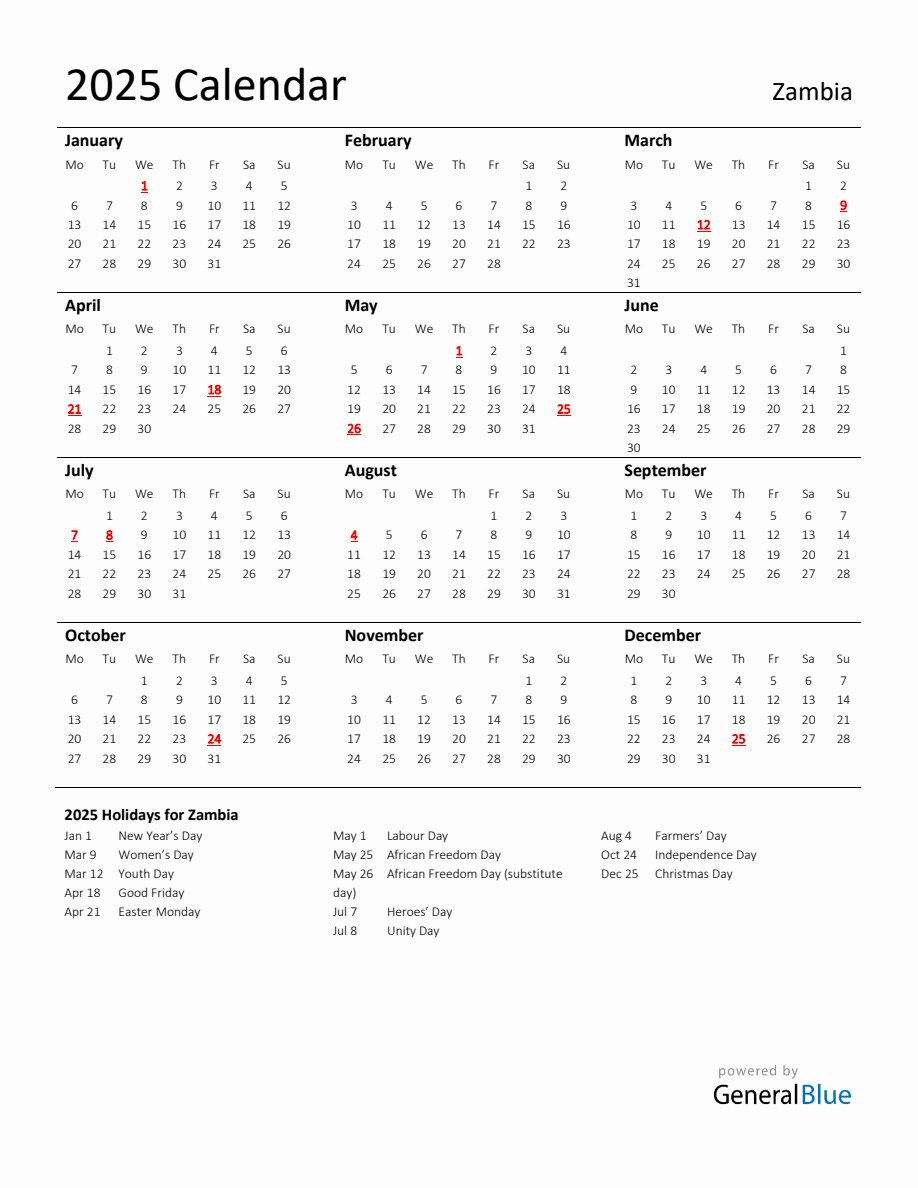 Standard Holiday Calendar for 2025 with Zambia Holidays