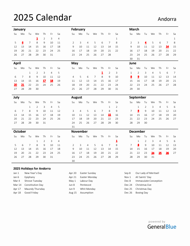 Standard Holiday Calendar for 2025 with Andorra Holidays 