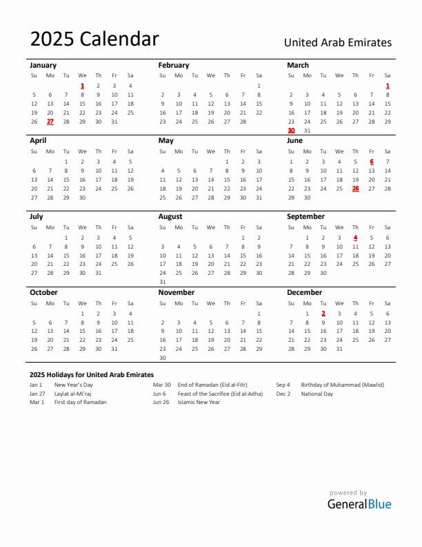 2025 United Arab Emirates Calendar with Holidays