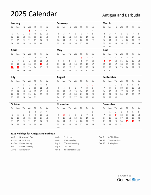 Standard Holiday Calendar for 2025 with Antigua and Barbuda Holidays 