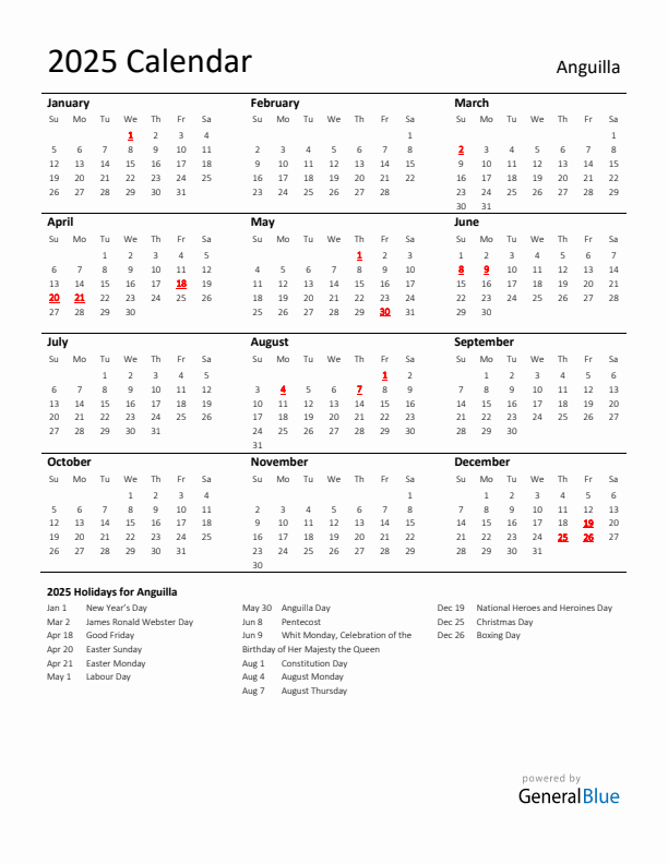 Standard Holiday Calendar for 2025 with Anguilla Holidays 