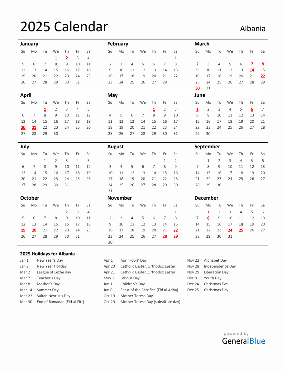 Standard Holiday Calendar for 2025 with Albania Holidays