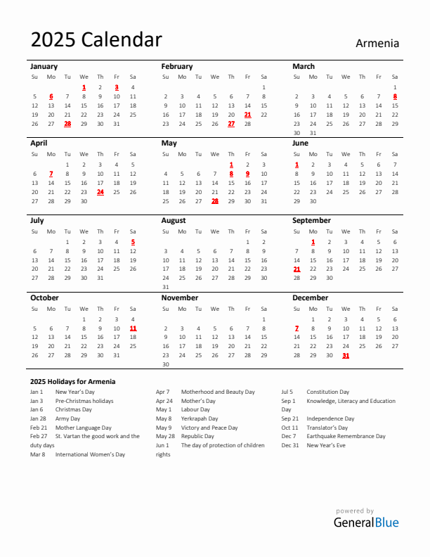 Standard Holiday Calendar for 2025 with Armenia Holidays 