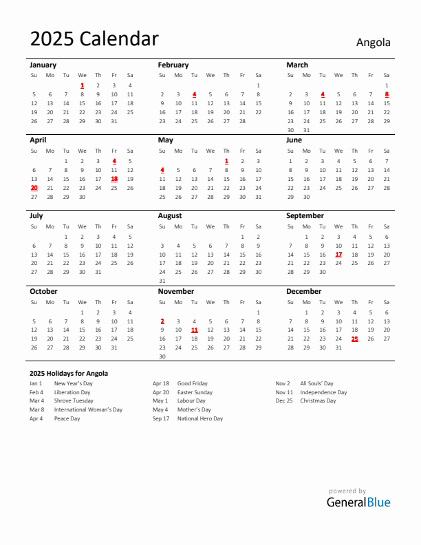 Standard Holiday Calendar for 2025 with Angola Holidays 