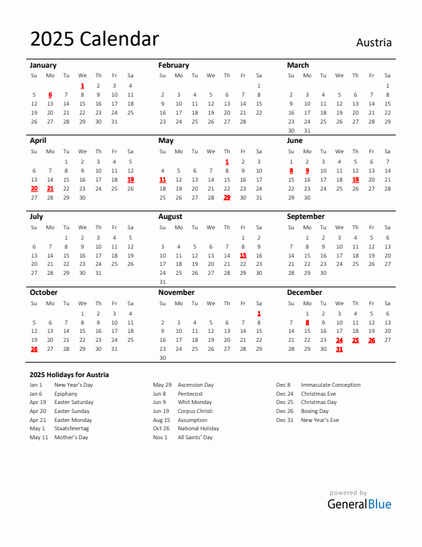 Standard Holiday Calendar for 2025 with Austria Holidays 