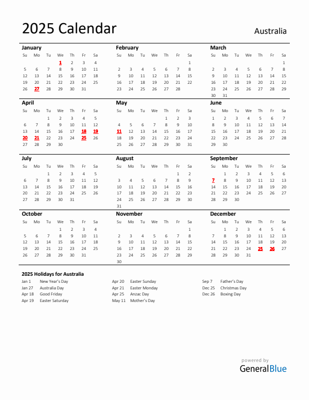 Standard Holiday Calendar for 2025 with Australia Holidays 