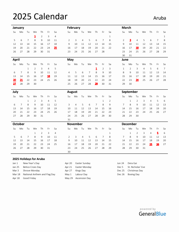 Standard Holiday Calendar for 2025 with Aruba Holidays 