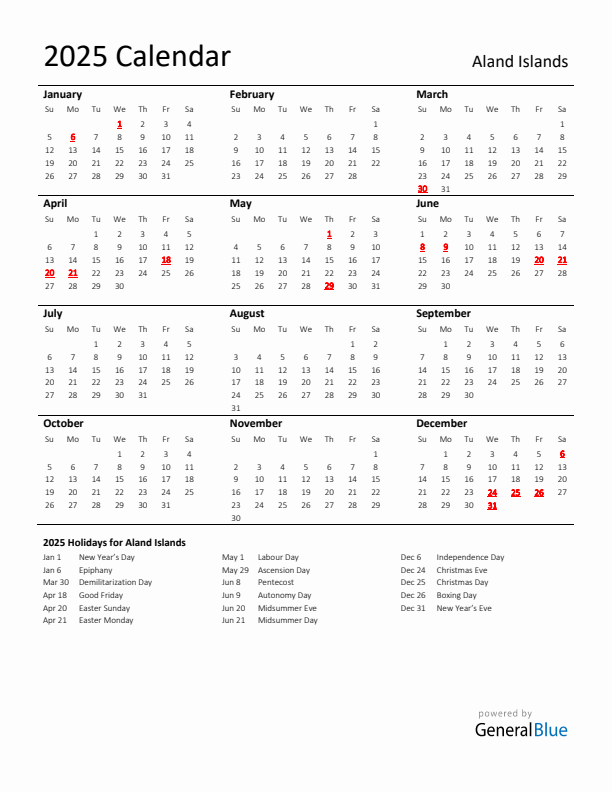 Standard Holiday Calendar for 2025 with Aland Islands Holidays 