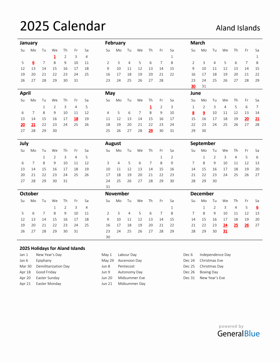 Standard Holiday Calendar for 2025 with Aland Islands Holidays