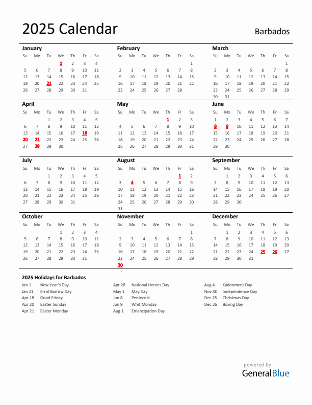Standard Holiday Calendar for 2025 with Barbados Holidays 