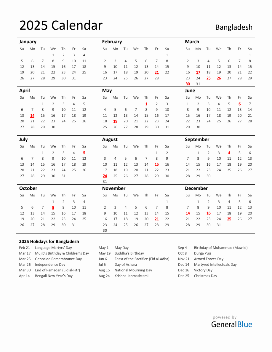 Standard Holiday Calendar for 2025 with Bangladesh Holidays