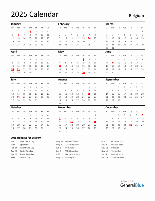 Standard Holiday Calendar for 2025 with Belgium Holidays 