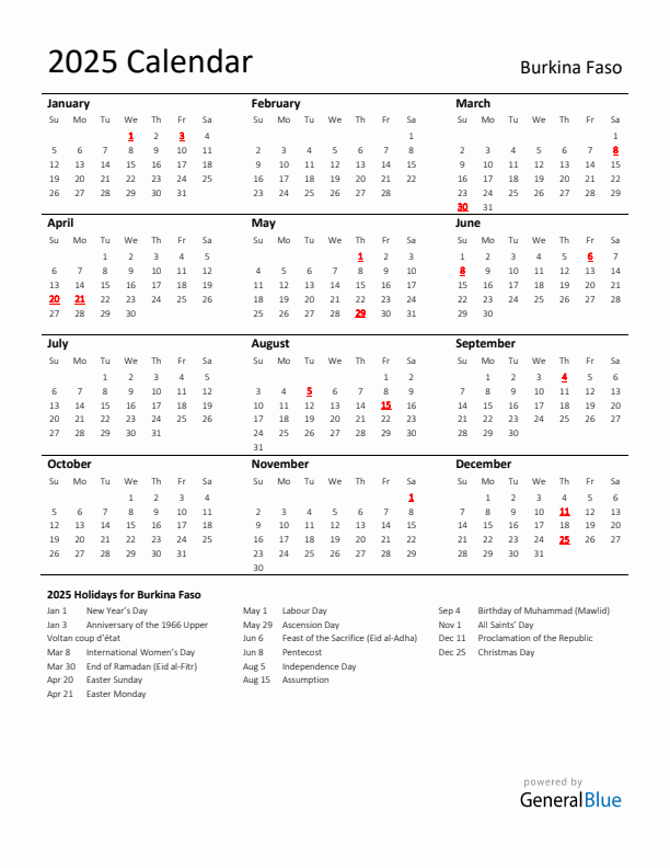 Standard Holiday Calendar for 2025 with Burkina Faso Holidays 