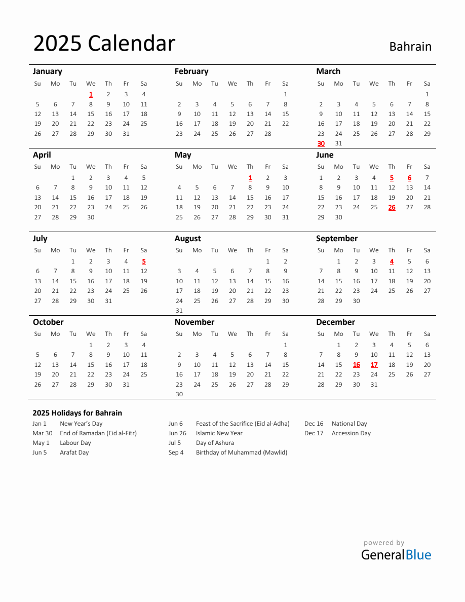 Standard Holiday Calendar for 2025 with Bahrain Holidays