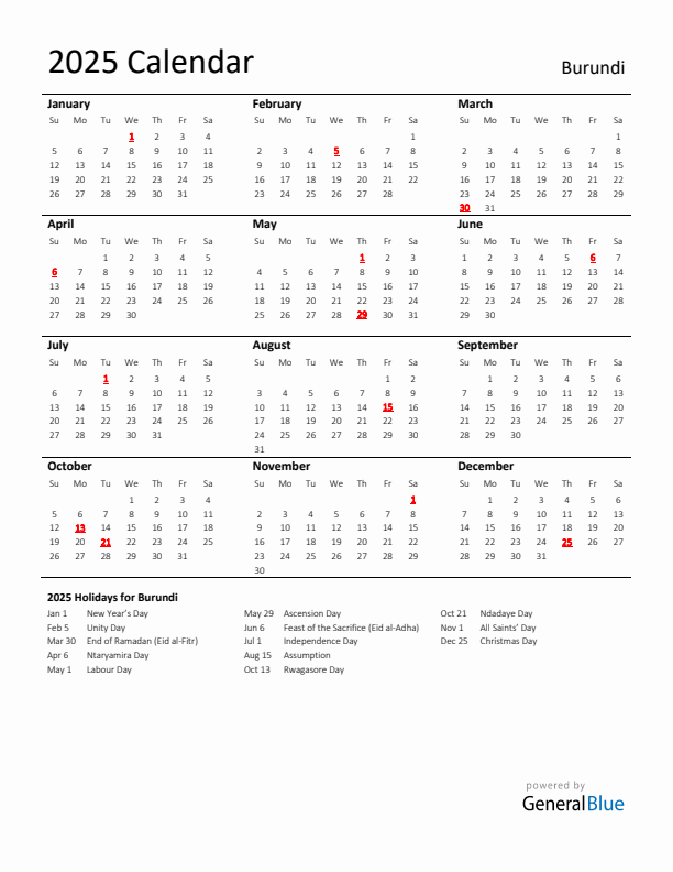 Standard Holiday Calendar for 2025 with Burundi Holidays 