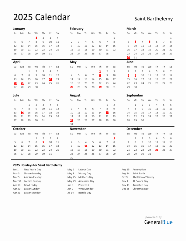 Standard Holiday Calendar for 2025 with Saint Barthelemy Holidays 