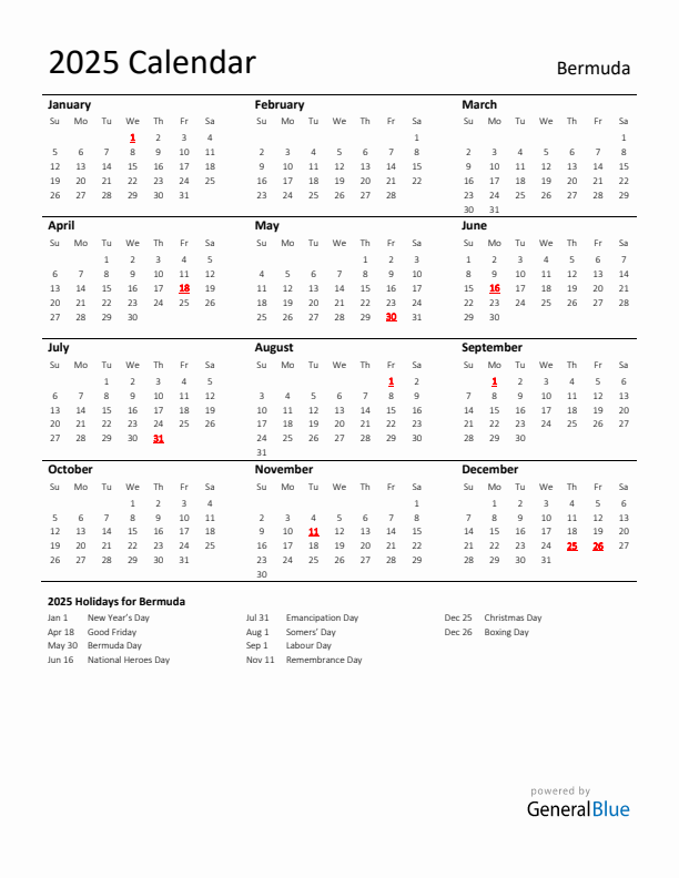 Standard Holiday Calendar for 2025 with Bermuda Holidays 