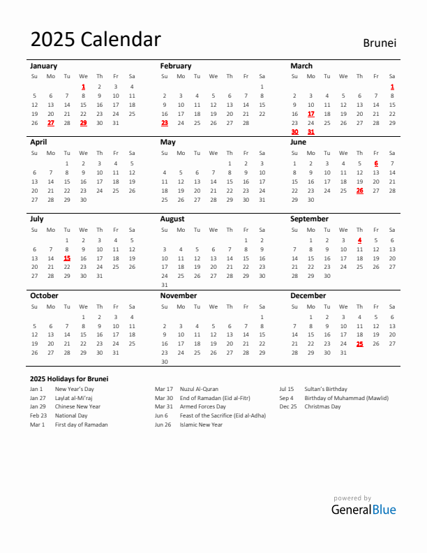 Standard Holiday Calendar for 2025 with Brunei Holidays 
