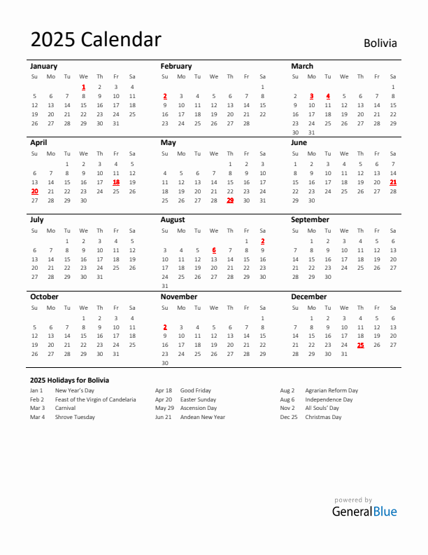 Standard Holiday Calendar for 2025 with Bolivia Holidays 