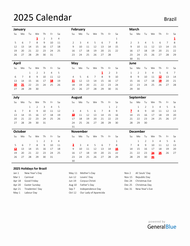 Standard Holiday Calendar for 2025 with Brazil Holidays 
