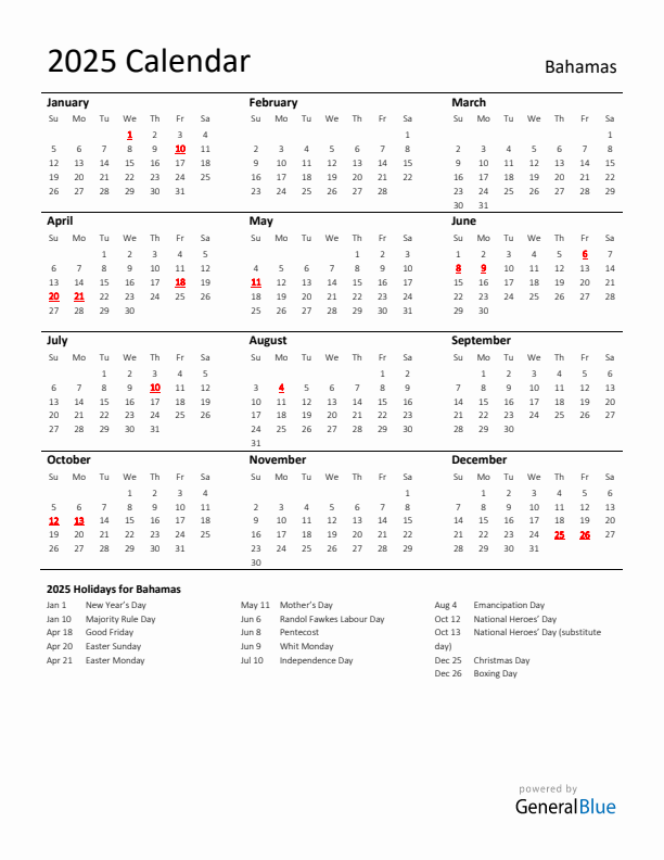 Standard Holiday Calendar for 2025 with Bahamas Holidays 