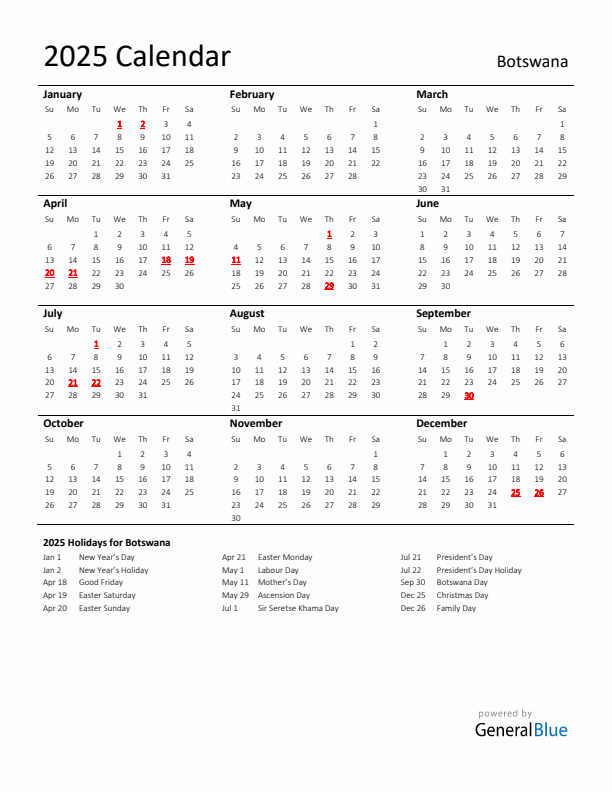 Standard Holiday Calendar for 2025 with Botswana Holidays 