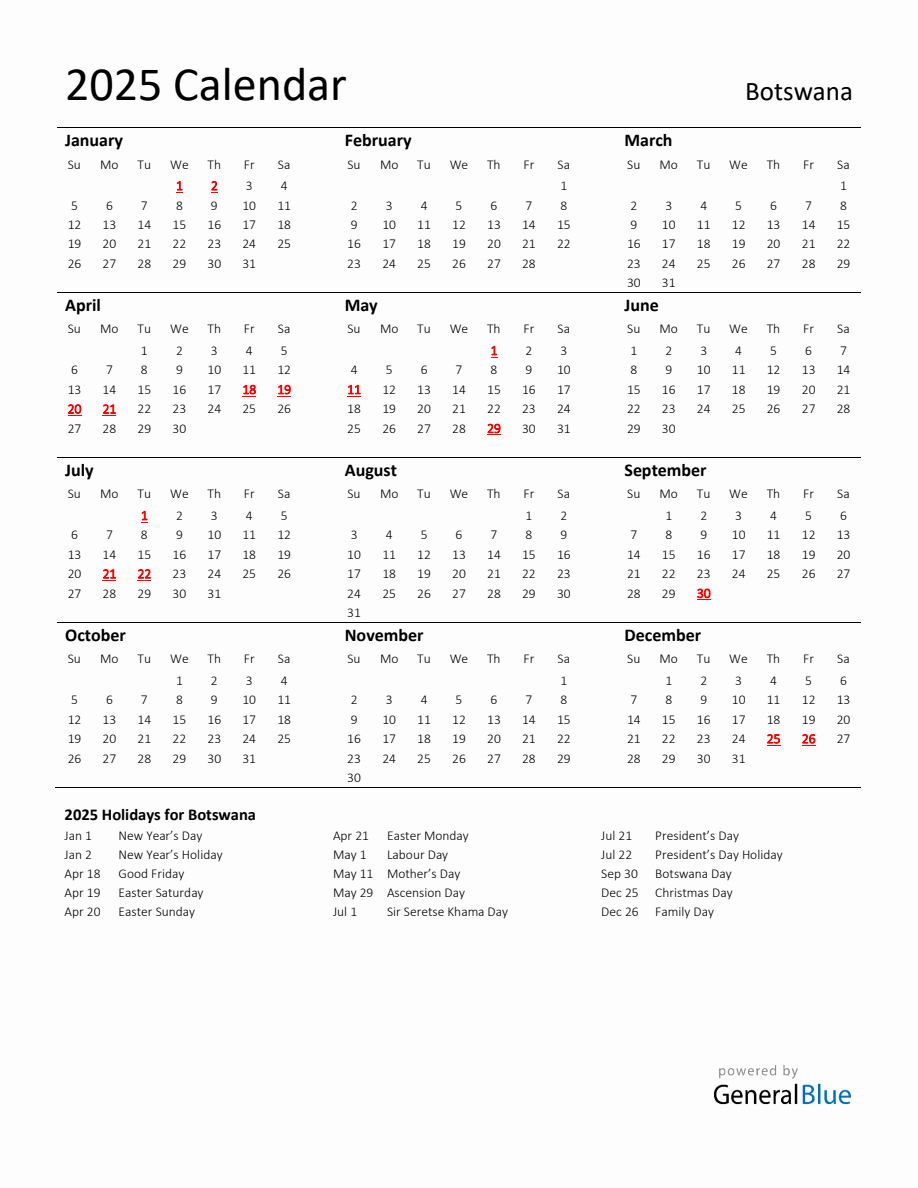 Standard Holiday Calendar for 2025 with Botswana Holidays