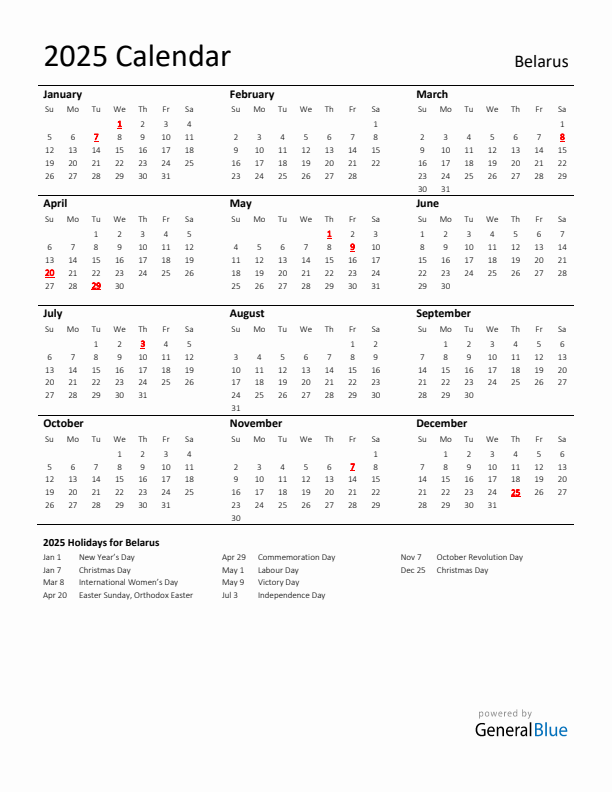 Standard Holiday Calendar for 2025 with Belarus Holidays 