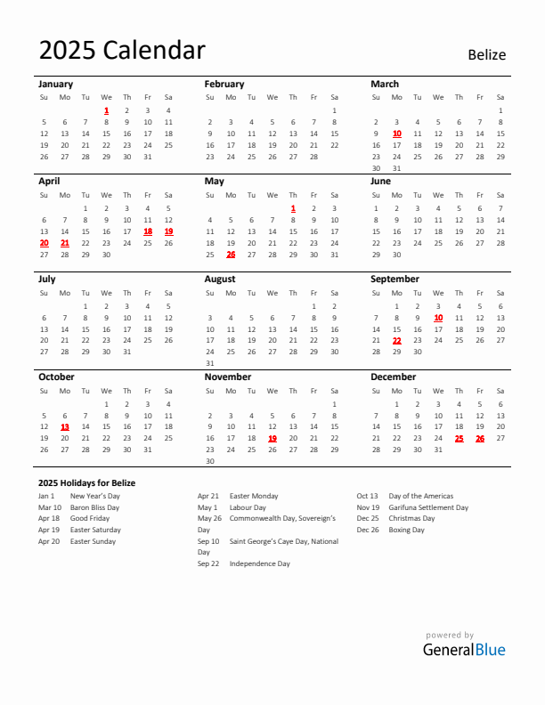 Standard Holiday Calendar for 2025 with Belize Holidays 