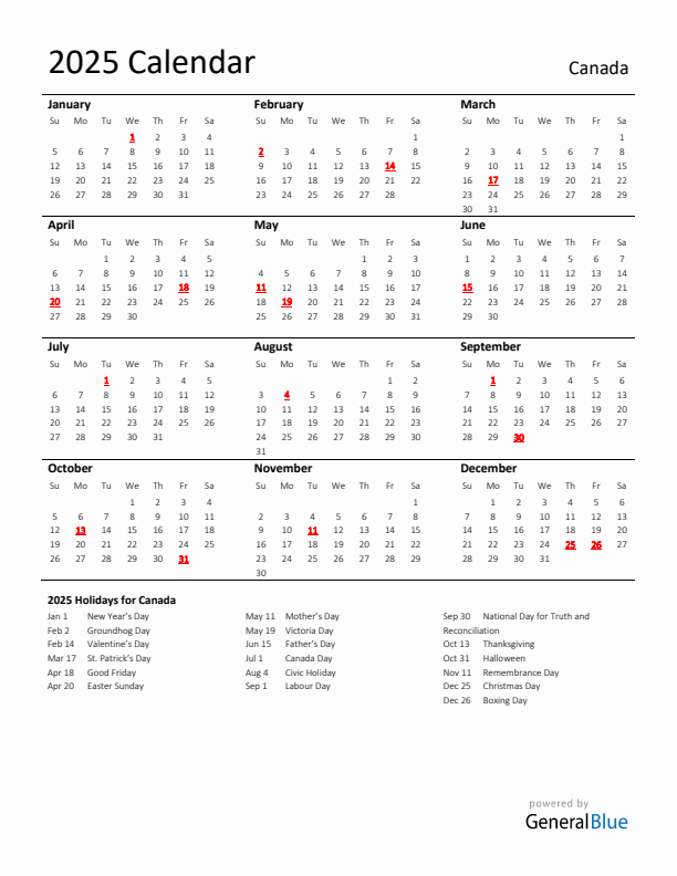 Standard Holiday Calendar for 2025 with Canada Holidays 