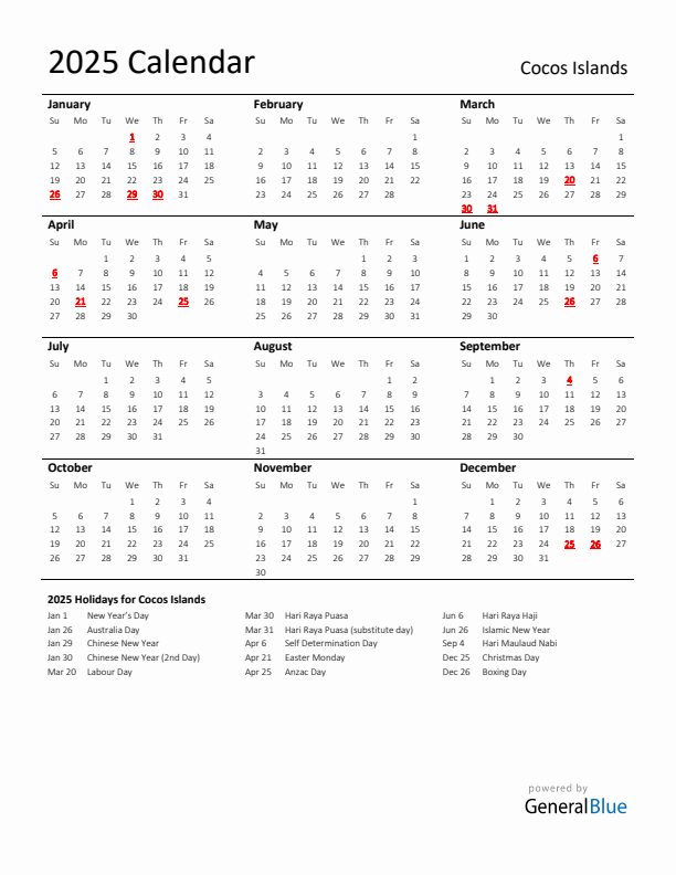 Standard Holiday Calendar for 2025 with Cocos Islands Holidays 
