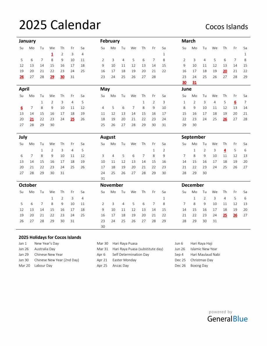 Standard Holiday Calendar for 2025 with Cocos Islands Holidays