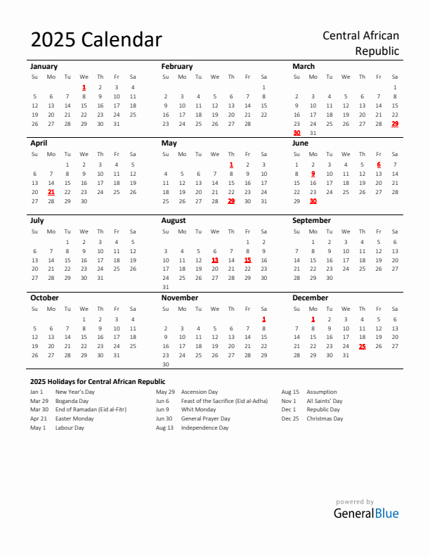 Standard Holiday Calendar for 2025 with Central African Republic Holidays 