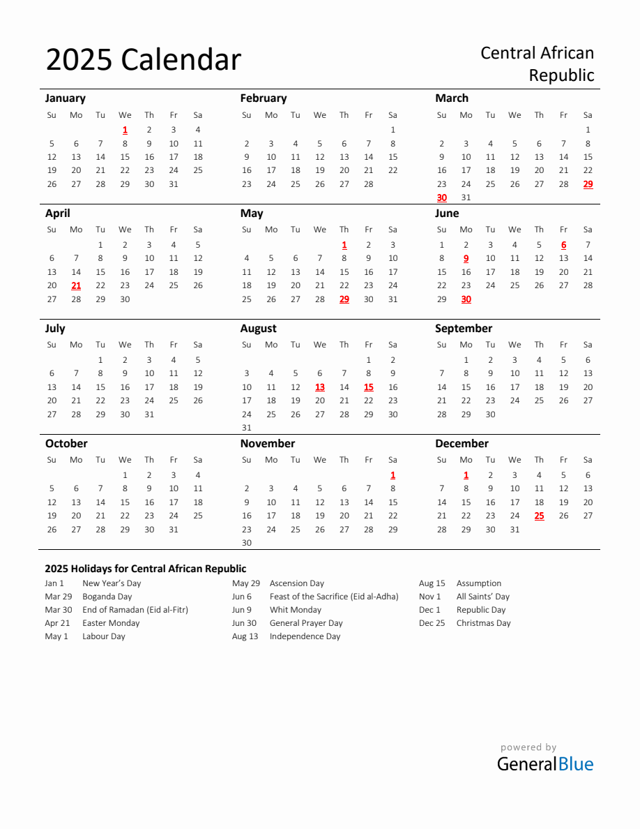 Standard Holiday Calendar for 2025 with Central African Republic Holidays