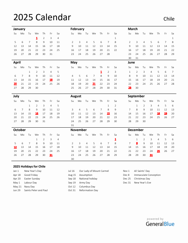 Standard Holiday Calendar for 2025 with Chile Holidays 