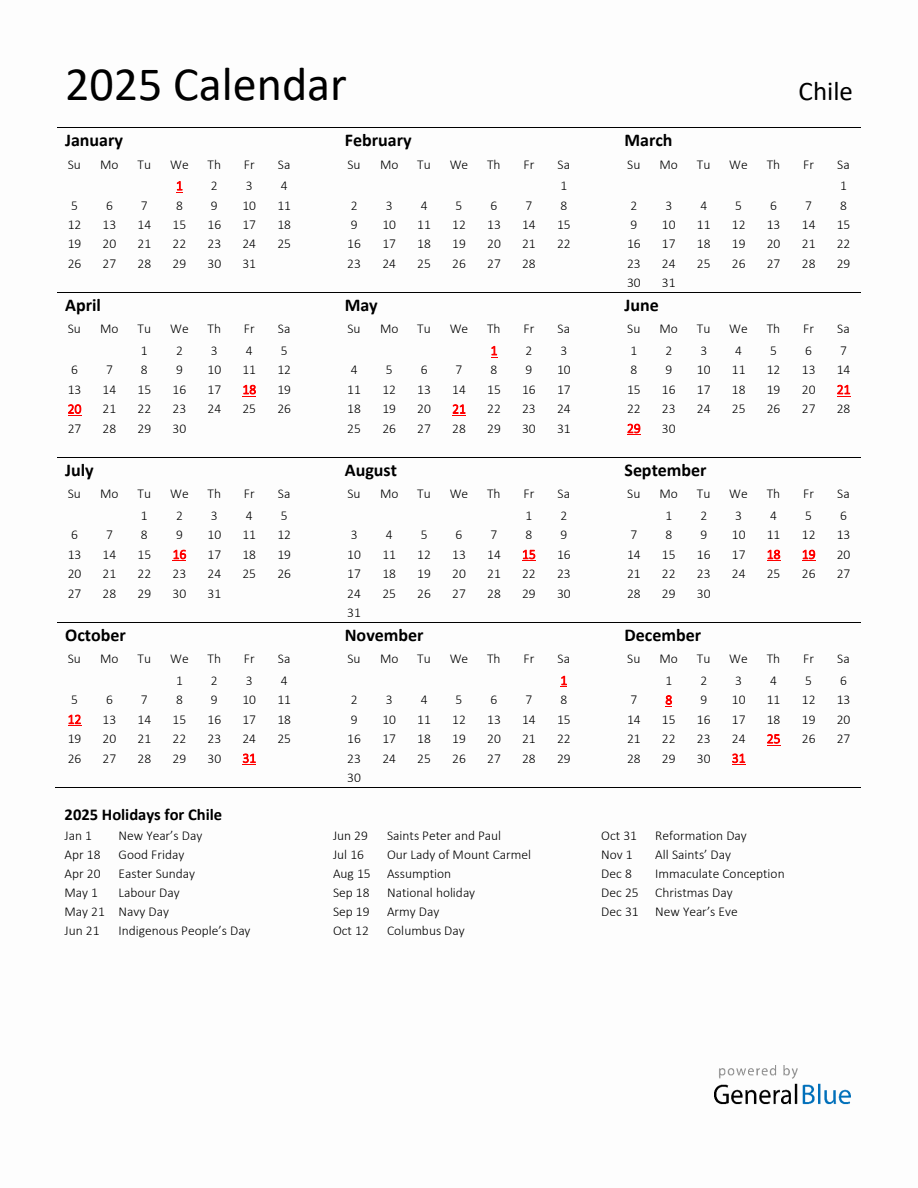 Standard Holiday Calendar for 2025 with Chile Holidays