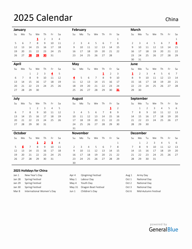 Standard Holiday Calendar for 2025 with China Holidays 